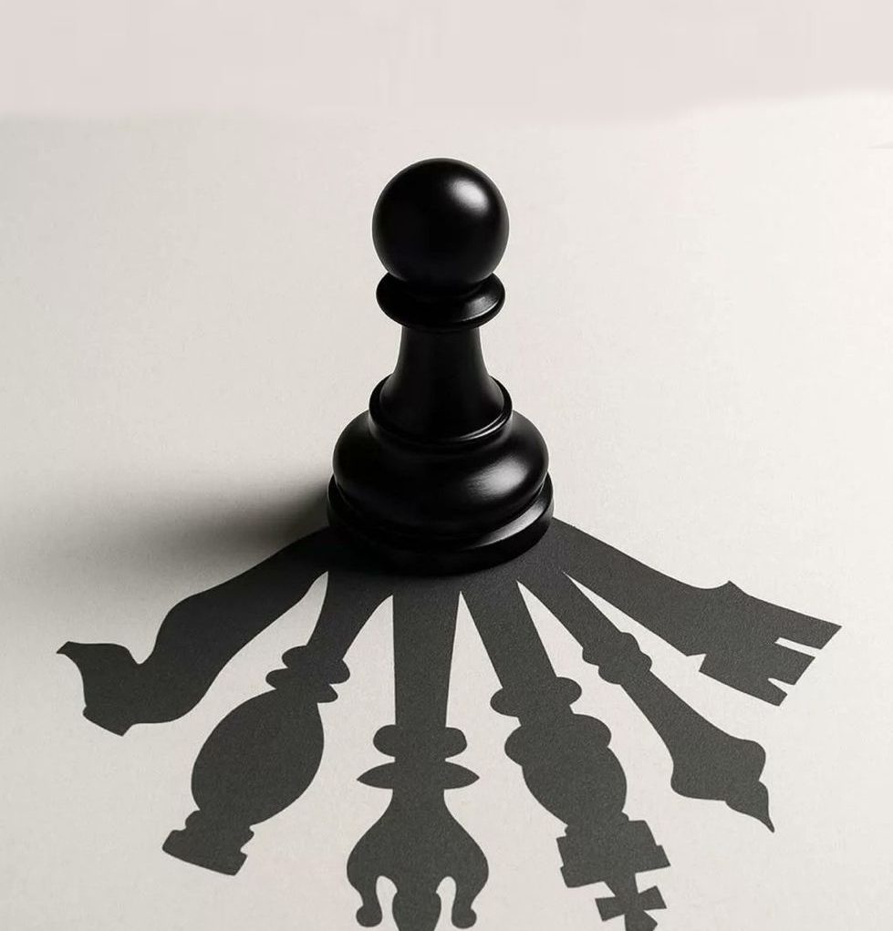 POURQUOI FAIRE APPEL À UN DIRCOM EXTERNE Un pion d'échecs projette une ombre représentant différentes pièces du jeu.